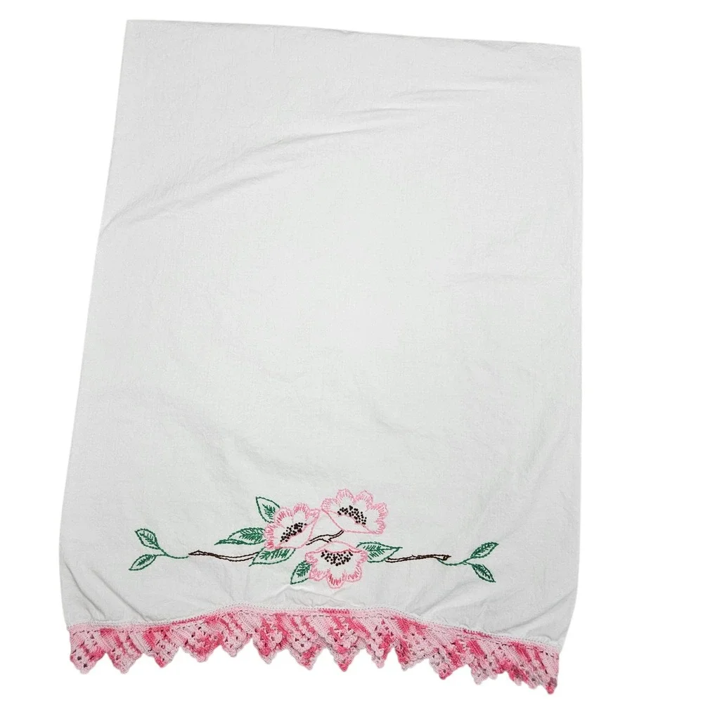 Vintage Handmade Embroidered Pillowcase Set‎ Pink Floral Crochet White Cottage